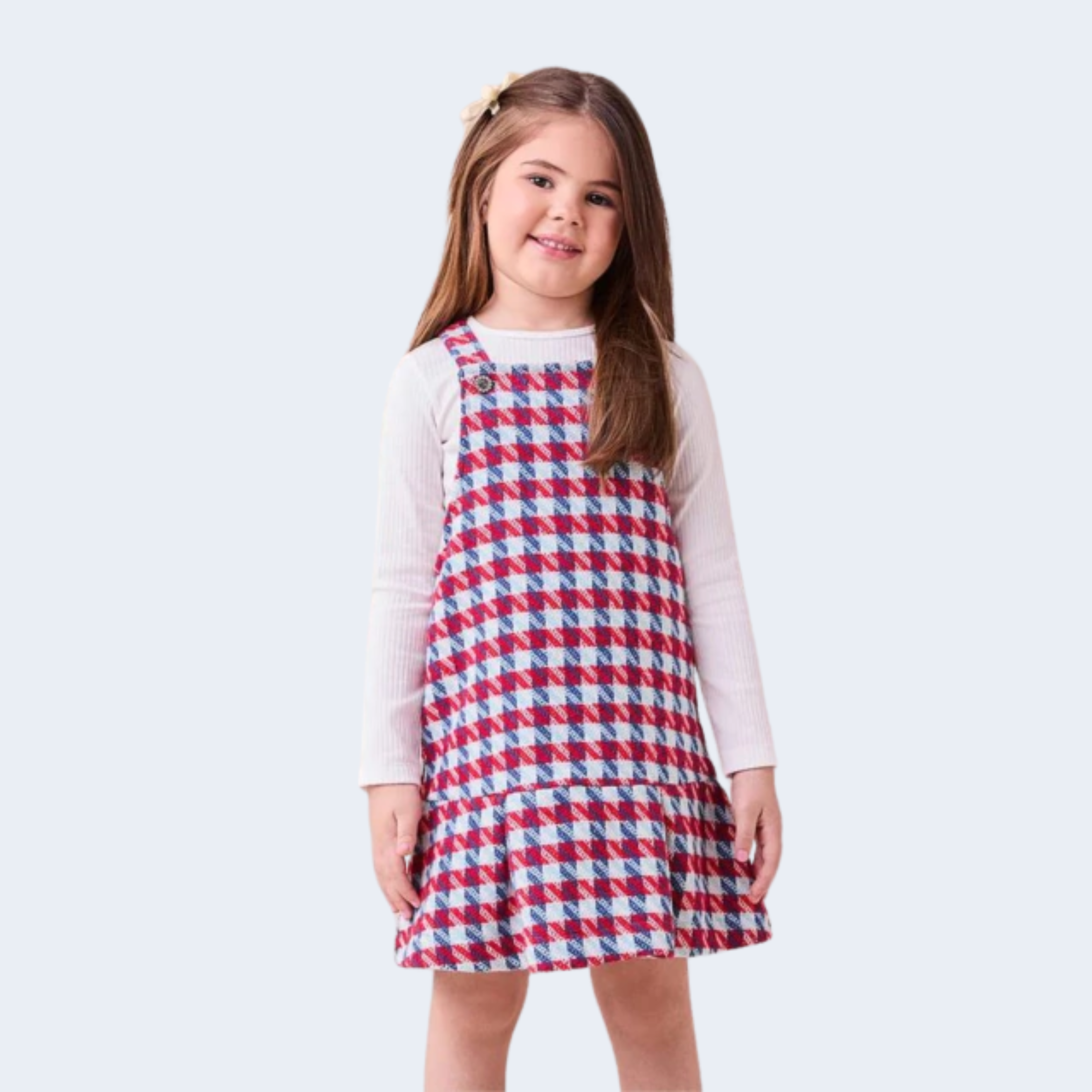 CONJUNTO BLUSA CAMISA LONGA OFF WHITE E SALOPETE QUADRICULADA - MOMI