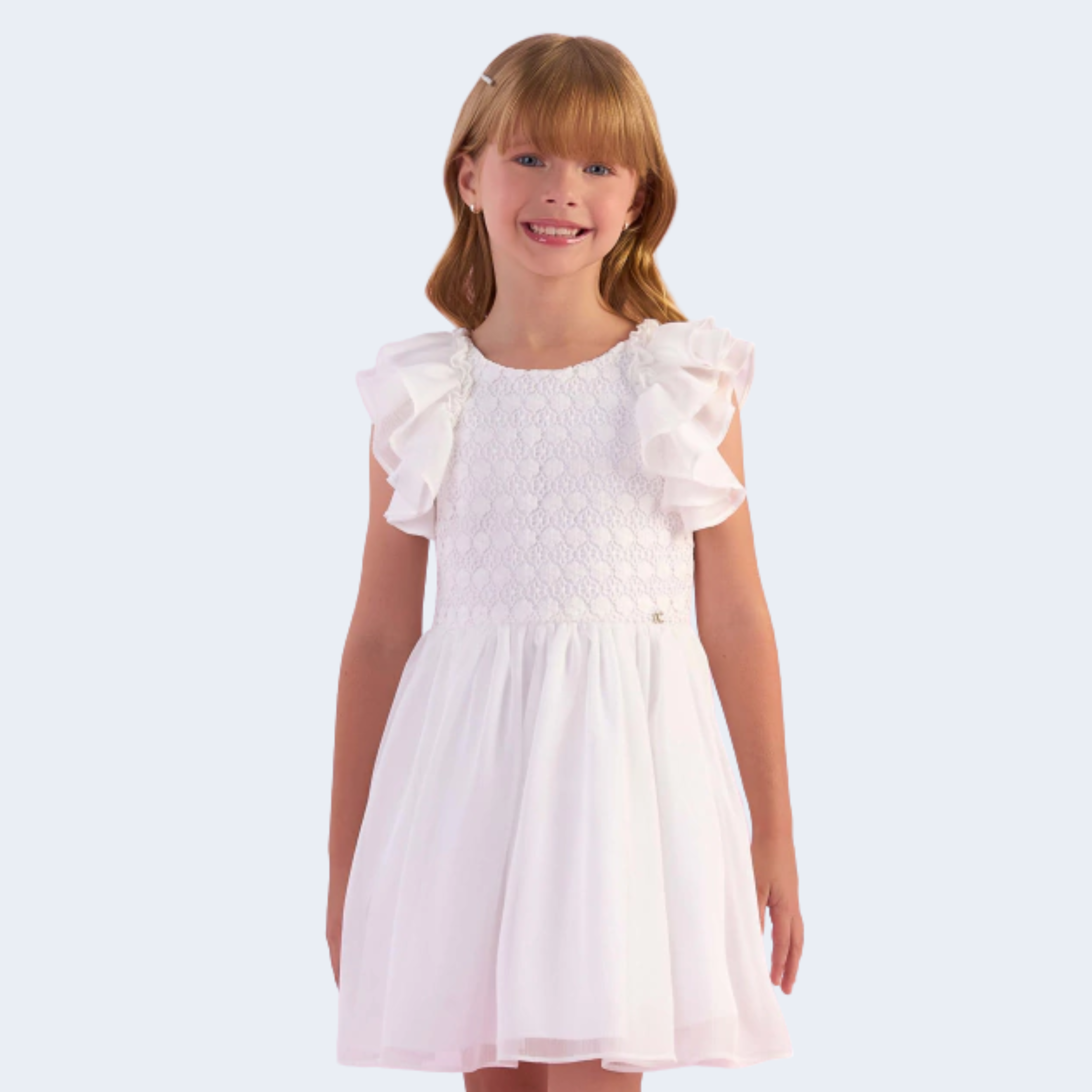 VESTIDO DE FESTA COM RENDA E MANGAS DE BABADOS - PETIT CHERIE