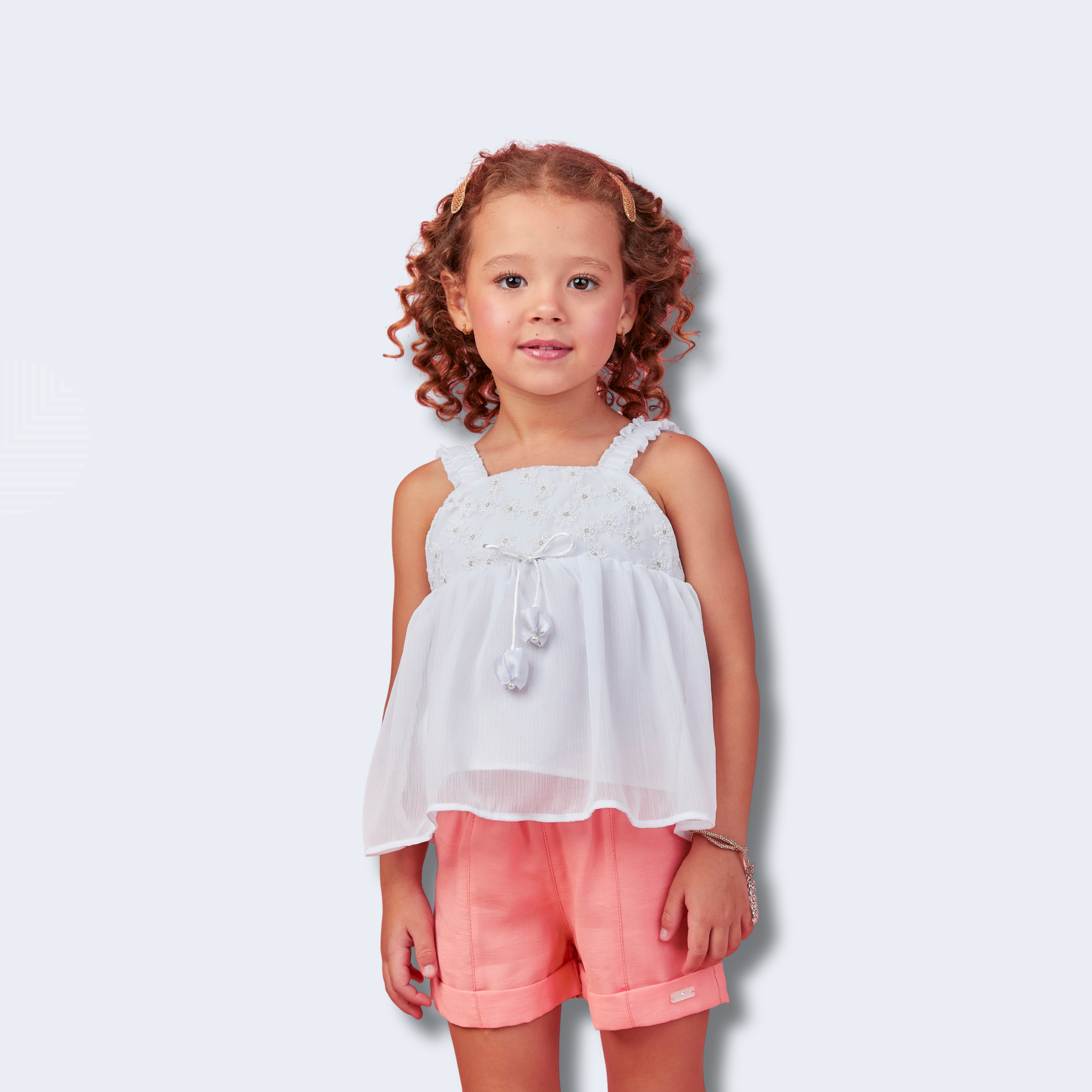 CONJUNTO SAIA SHORT PÊSSEGO COM BROCHE - GABRIELA AQUARELA