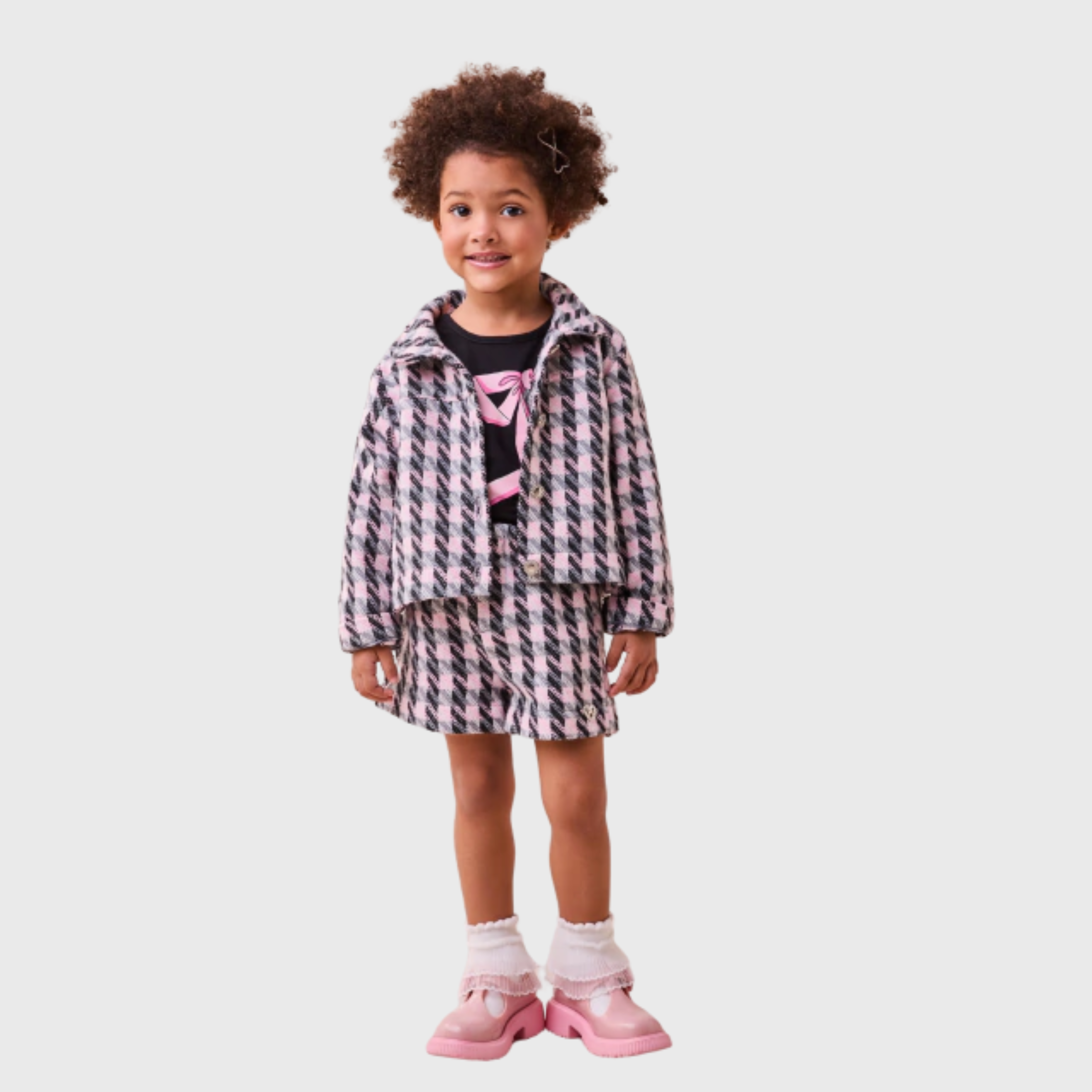 CONJUNTO DE INVERNO CASACO E CAMISA COM MANGA CURTA DE TWEED COM STRASS - MOMI