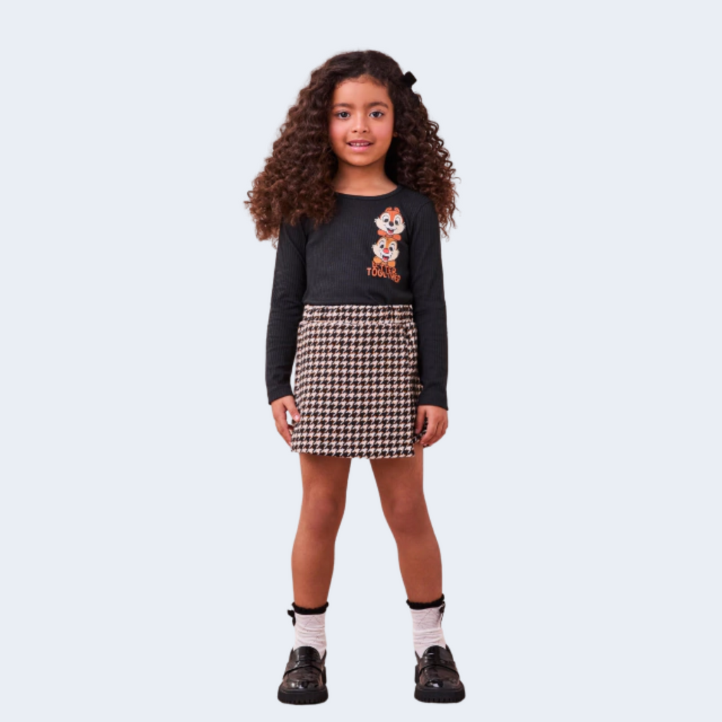 CONJUNTO CASACO DE TWEED XADREZ COM BLUSA DISNEY TICO E TECO - MOMI