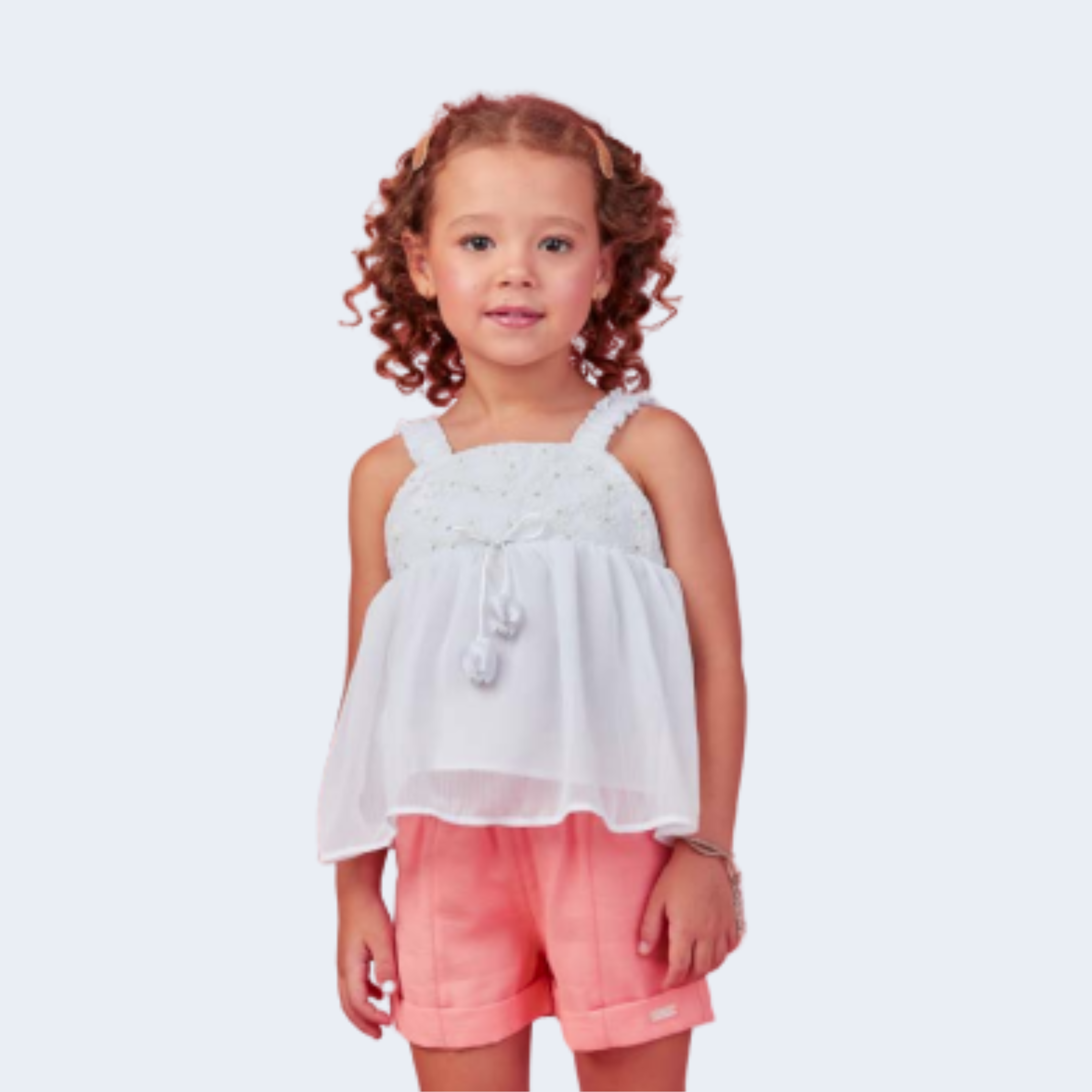 CONJUNTO SAIA SHORT PÊSSEGO COM BROCHE - GABRIELA AQUARELA