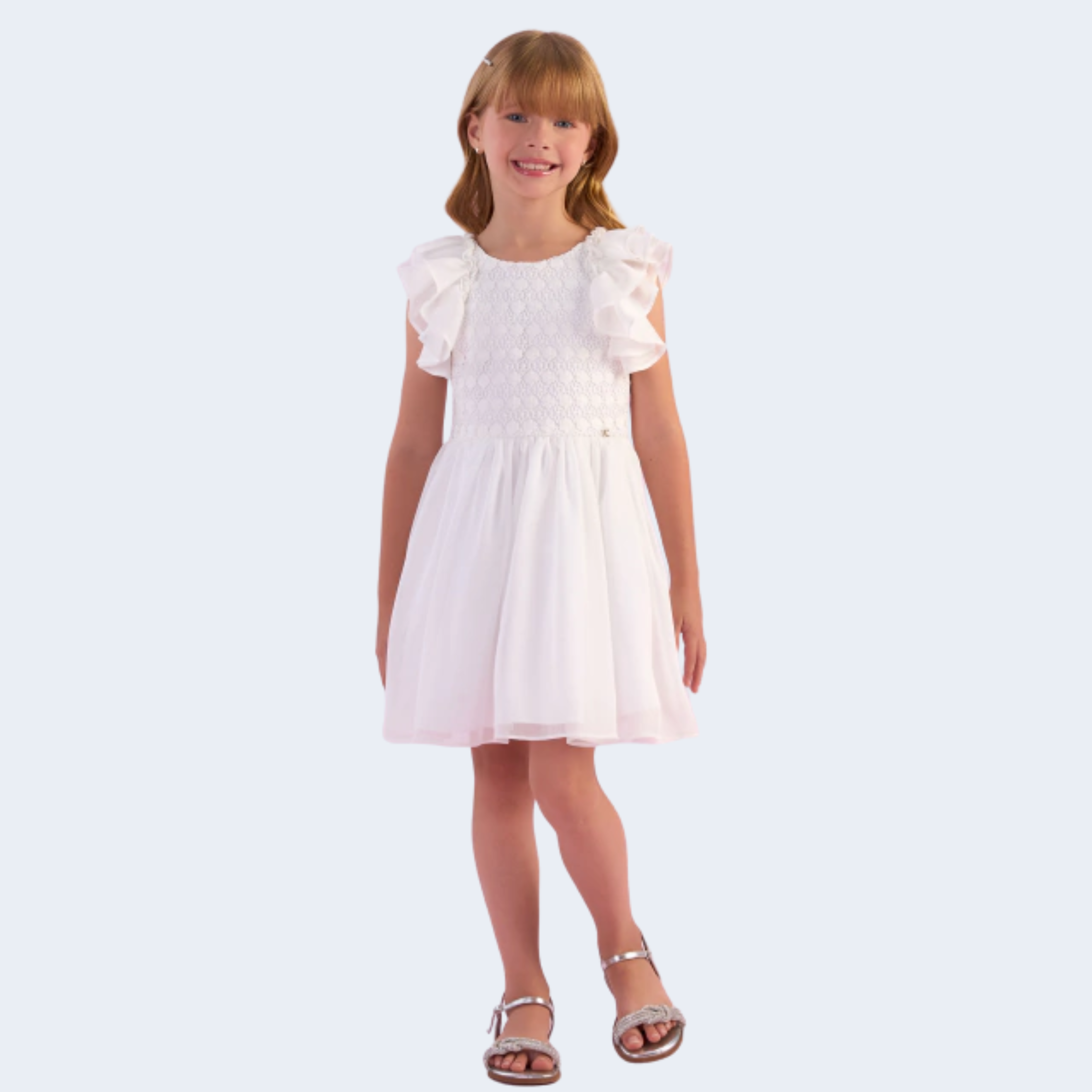 VESTIDO DE FESTA COM RENDA E MANGAS DE BABADOS - PETIT CHERIE